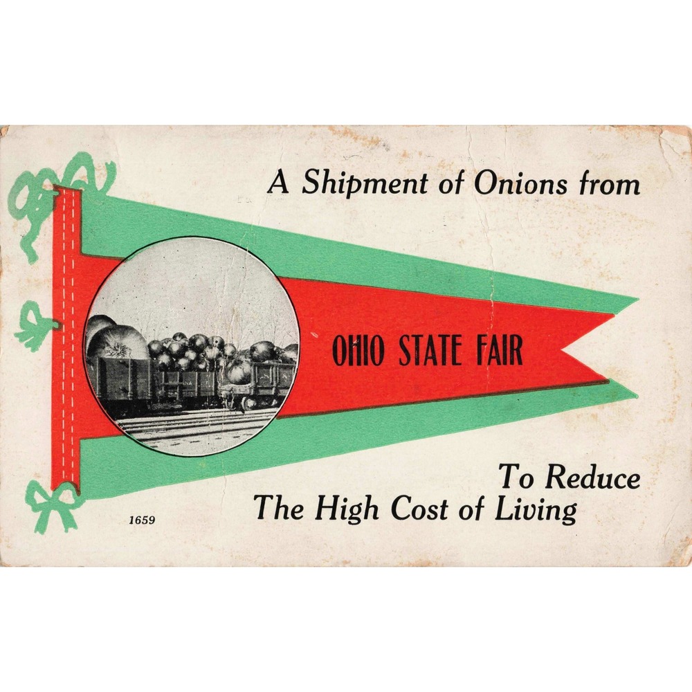Vtg Ohio State Fair Shipment of Giant Onions Train Exaggeration Postcard 1659